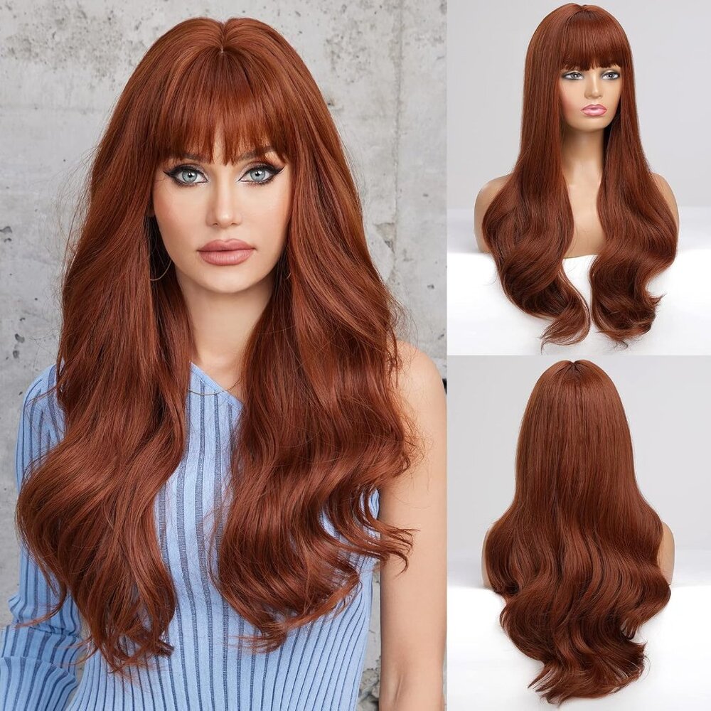 Auburn Wigs With Bangs Synthetic Women's Wig Long Wavy Layered Heat-Resistant Wi